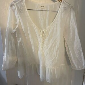 Aerie Cream V-Neck Blouse with Tie Detail